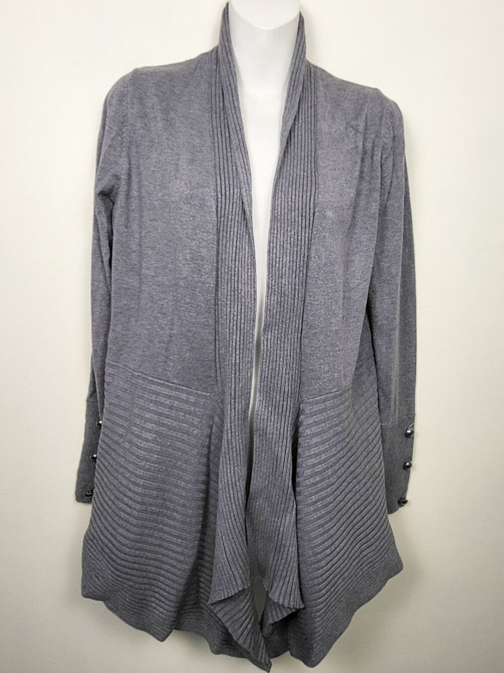 Laura Grey Ribbed Cascade Open-Front Cardigan | Waterfall Knit | Size Small